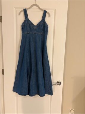 Women's Blue Denim Midi Dress - Sleeveless A-Line